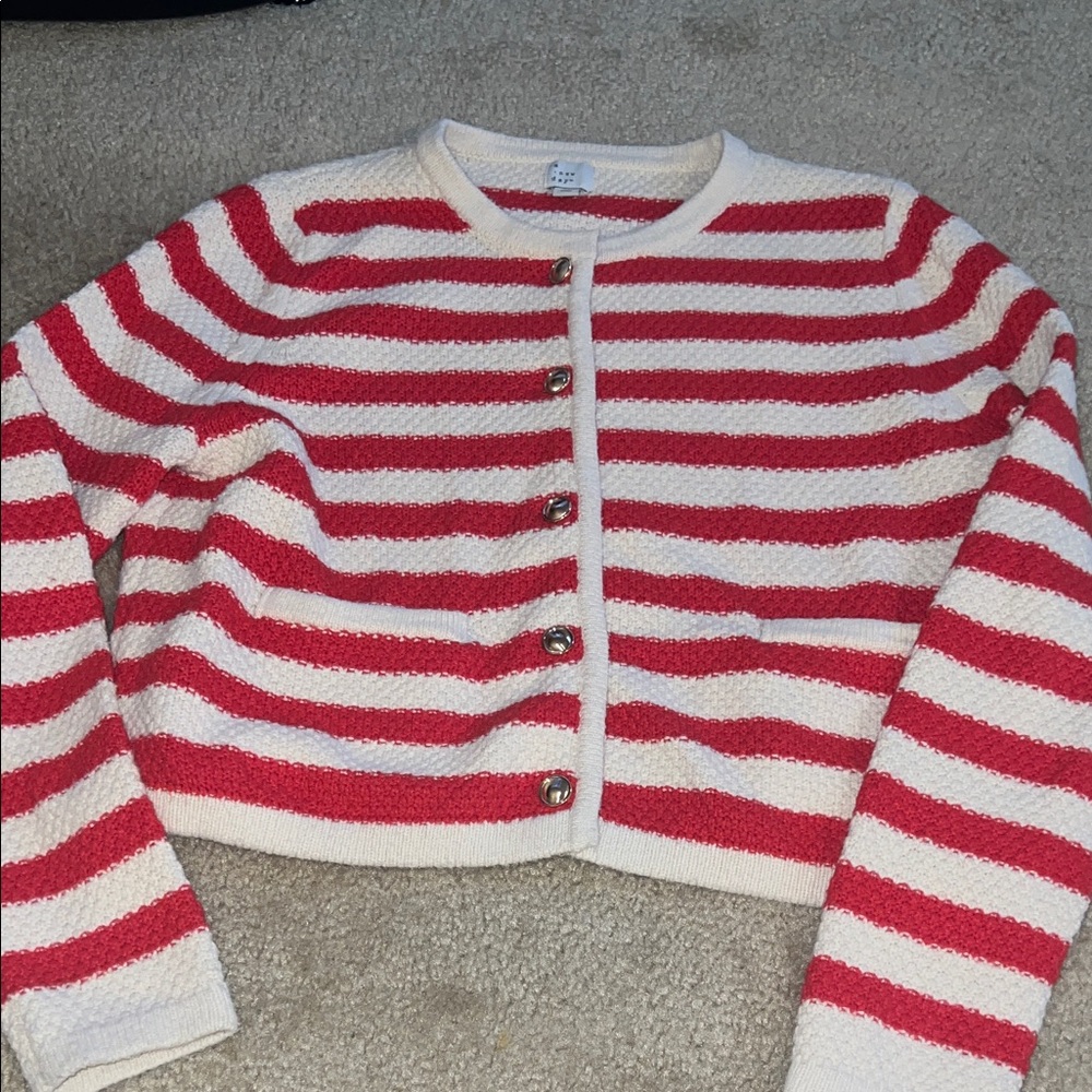 a new day Red and White Striped Cropped Cardigan Sweater